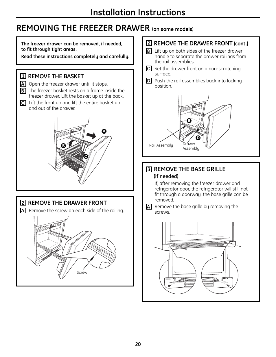 Removing and replacing the freezer drawer , 21, Installation instructions, Removing the freezer drawer | GE BOTTOMFREEZER 200D9366P004 User Manual | Page 20 / 42