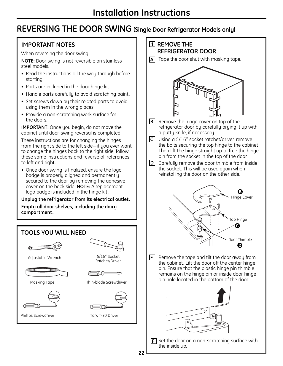 Installation instructions reversing the door swing, Tools you will need, Remove the refrigerator door | GE BOTTOMFREEZER 200D9366P004 User Manual | Page 22 / 42