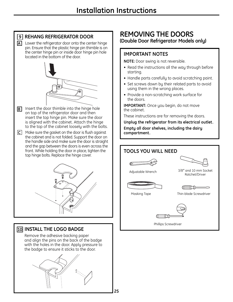 Installation instructions removing the doors | GE BOTTOMFREEZER 200D9366P004 User Manual | Page 25 / 42
