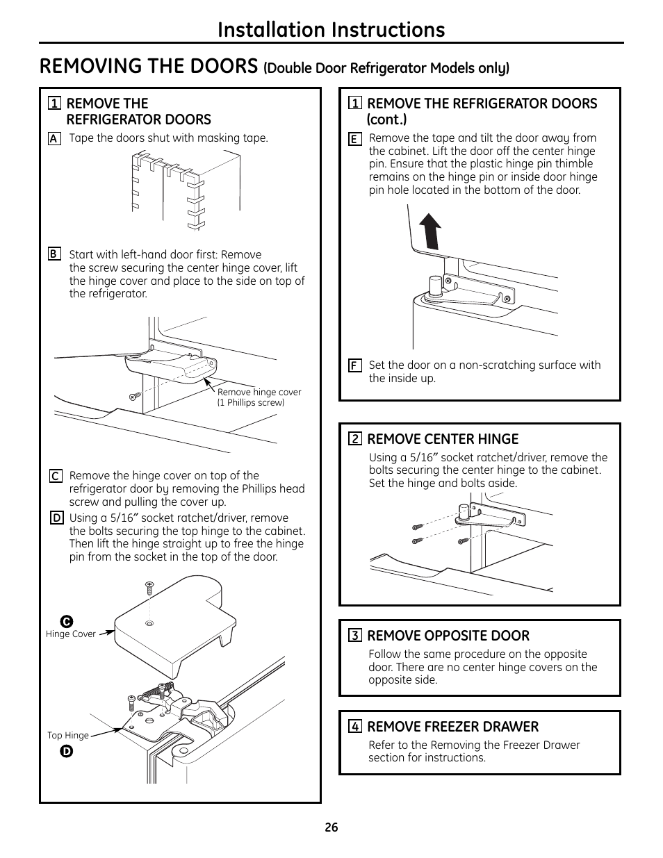 Installation instructions, Removing the doors | GE BOTTOMFREEZER 200D9366P004 User Manual | Page 26 / 42