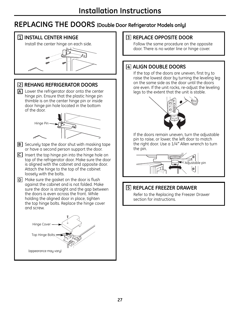 Installation instructions replacing the doors | GE BOTTOMFREEZER 200D9366P004 User Manual | Page 27 / 42