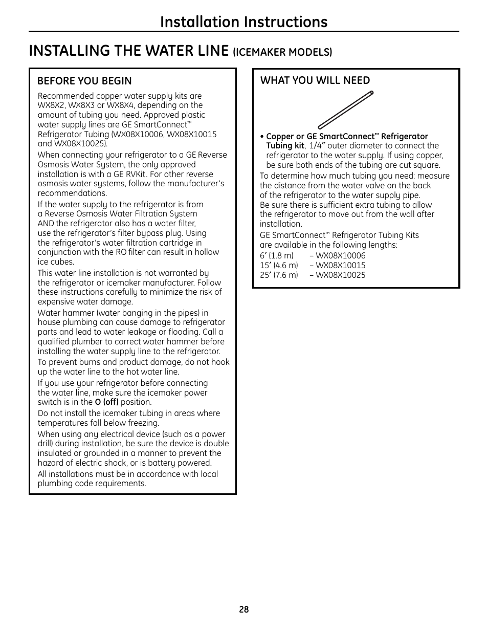 Installing the water line –30, Installation instructions, Installing the water line | GE BOTTOMFREEZER 200D9366P004 User Manual | Page 28 / 42