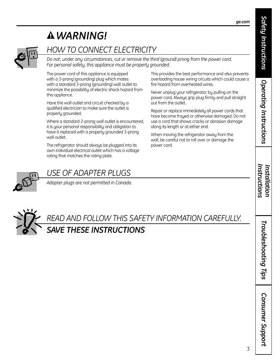 Warning, How to connect electricity | GE BOTTOMFREEZER 200D9366P004 User Manual | Page 3 / 42