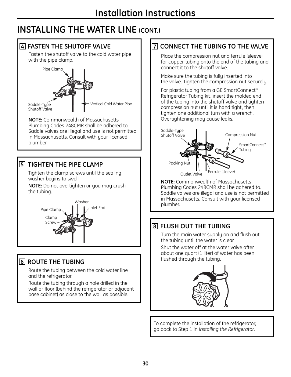 Installation instructions, Installing the water line, Connect the tubing to the valve | Flush out the tubing, Fasten the shutoff valve, Tighten the pipe clamp, Route the tubing, Cont.) | GE BOTTOMFREEZER 200D9366P004 User Manual | Page 30 / 42