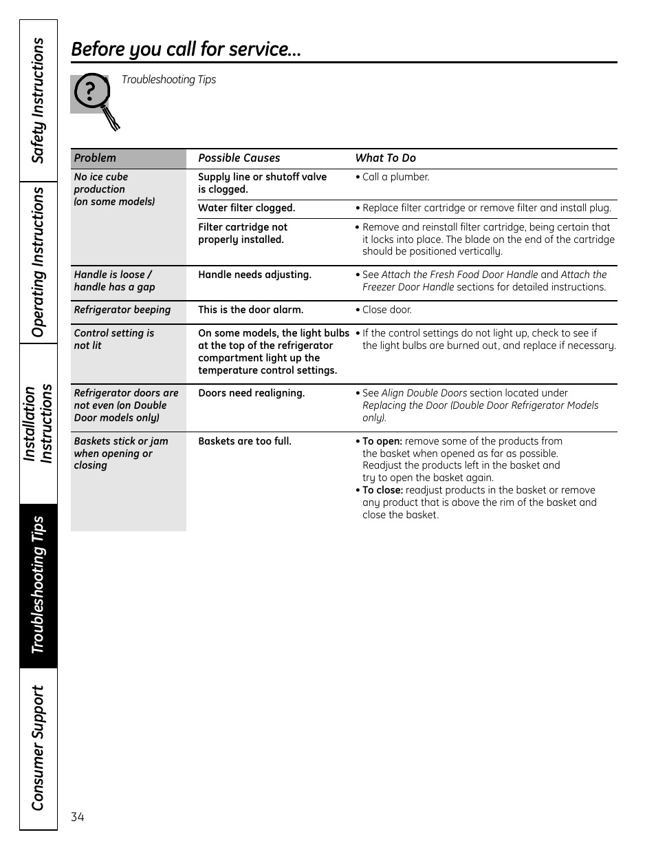 Before you call for service | GE BOTTOMFREEZER 200D9366P004 User Manual | Page 34 / 42