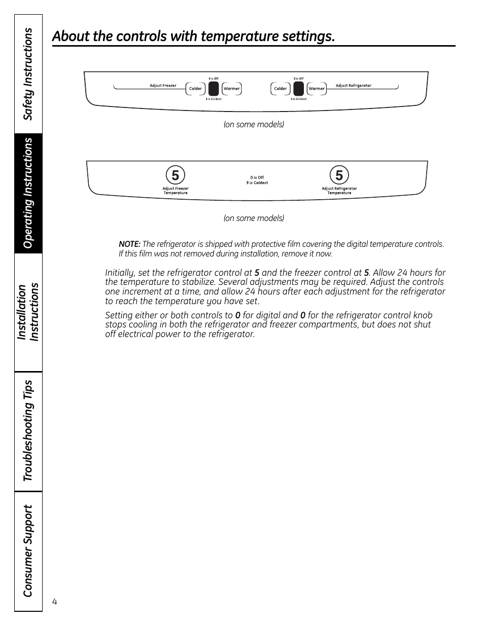Controls, About the controls with temperature settings | GE BOTTOMFREEZER 200D9366P004 User Manual | Page 4 / 42