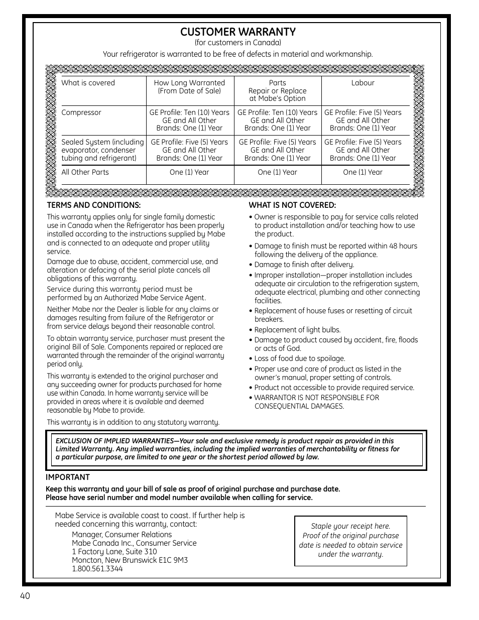 Warranty for canadian customers, Customer warranty | GE BOTTOMFREEZER 200D9366P004 User Manual | Page 40 / 42