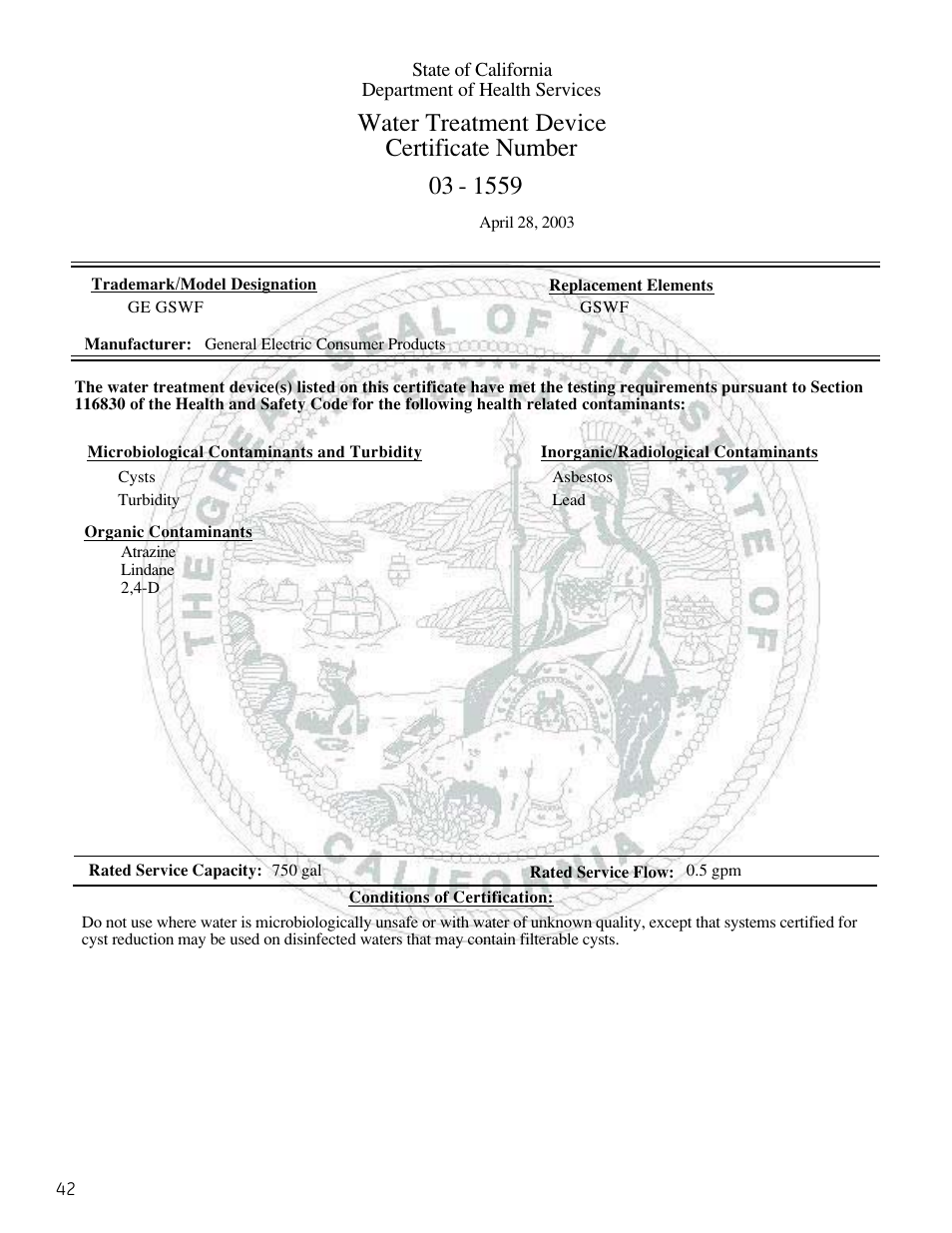 Water treatment device certificate number | GE BOTTOMFREEZER 200D9366P004 User Manual | Page 42 / 42