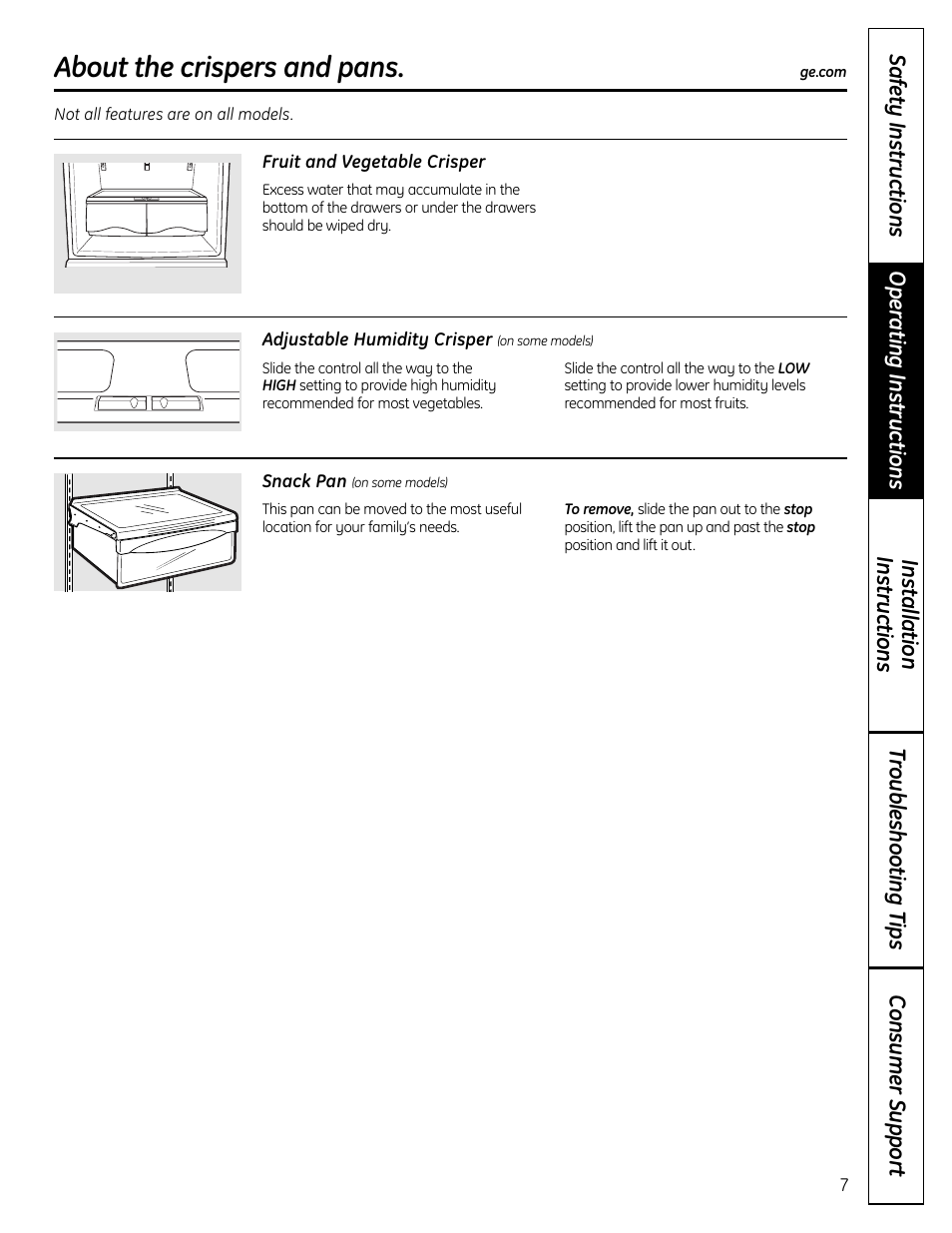 Crispers and pans, About the crispers and pans | GE BOTTOMFREEZER 200D9366P004 User Manual | Page 7 / 42