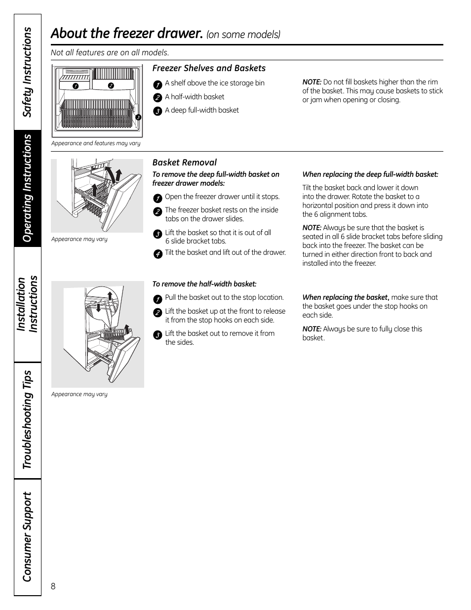 Freezer , 9, About the freezer drawer, On some models) | GE BOTTOMFREEZER 200D9366P004 User Manual | Page 8 / 42