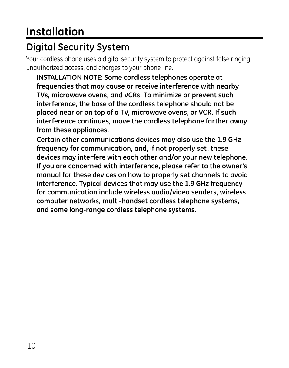 Installation, Digital security system | GE DECT 28821 User Manual | Page 10 / 60