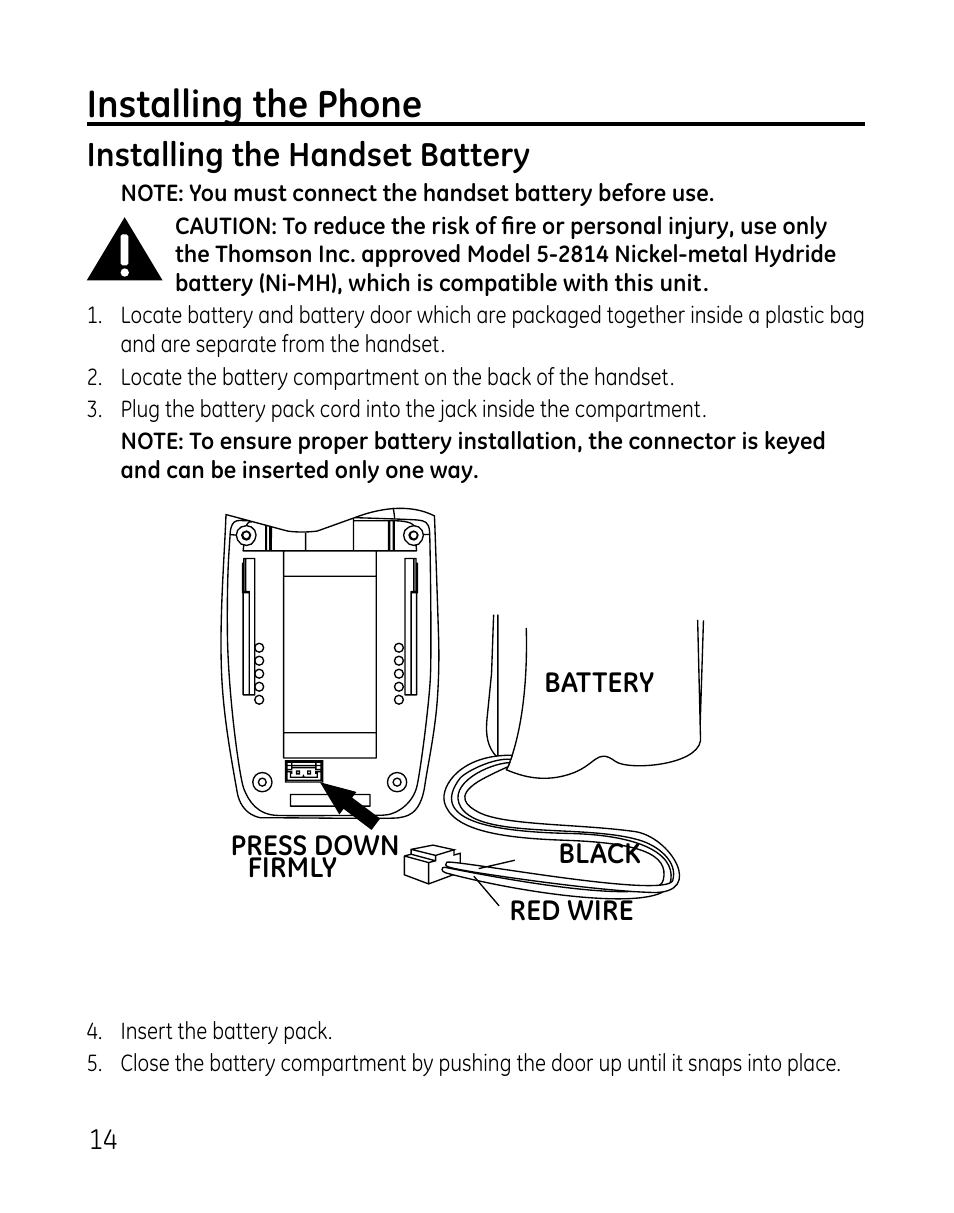 Installing the phone, Installing the handset battery | GE DECT 28821 User Manual | Page 14 / 60