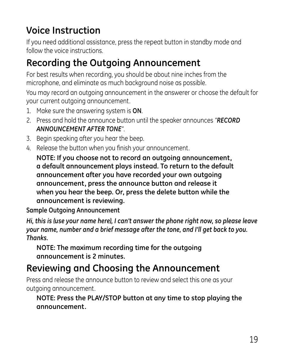 Voice instruction, Recording the outgoing announcement, Reviewing and choosing the announcement | GE DECT 28821 User Manual | Page 19 / 60