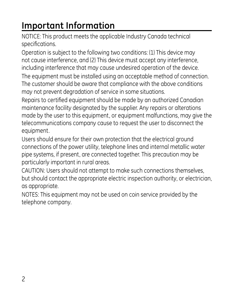 Important information | GE DECT 28821 User Manual | Page 2 / 60