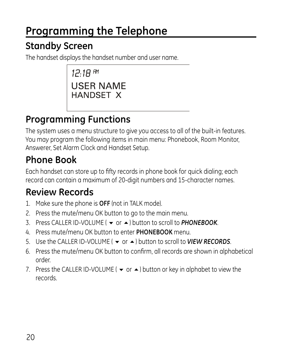 Programming the telephone, Standby screen, Programming functions | Phone book, Review records | GE DECT 28821 User Manual | Page 20 / 60
