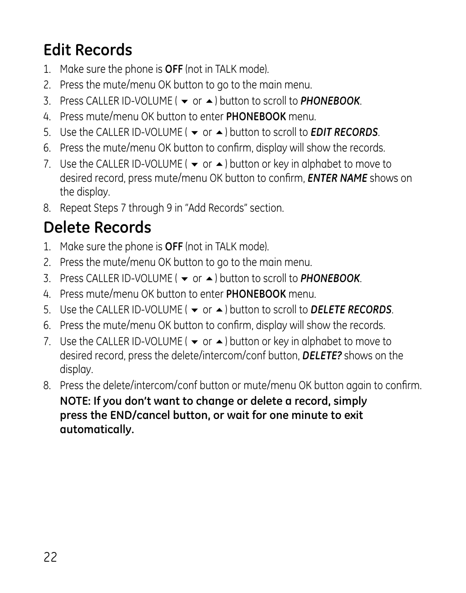 Edit records, Delete records | GE DECT 28821 User Manual | Page 22 / 60