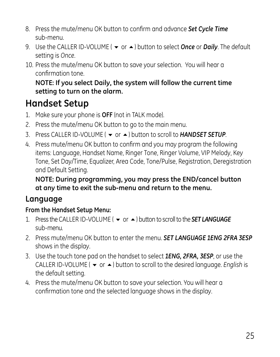 Handset setup | GE DECT 28821 User Manual | Page 25 / 60