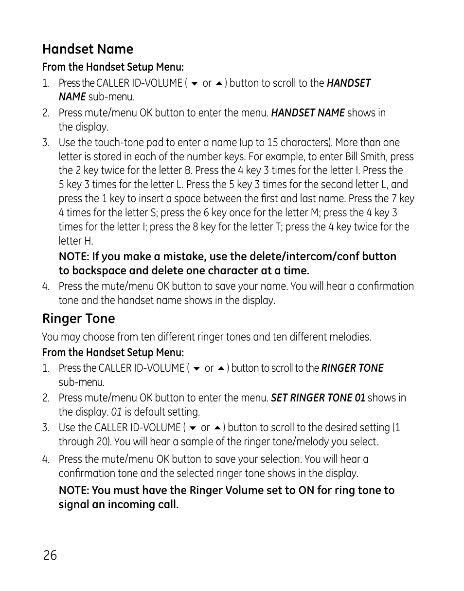 6 handset name, Ringer tone | GE DECT 28821 User Manual | Page 26 / 60
