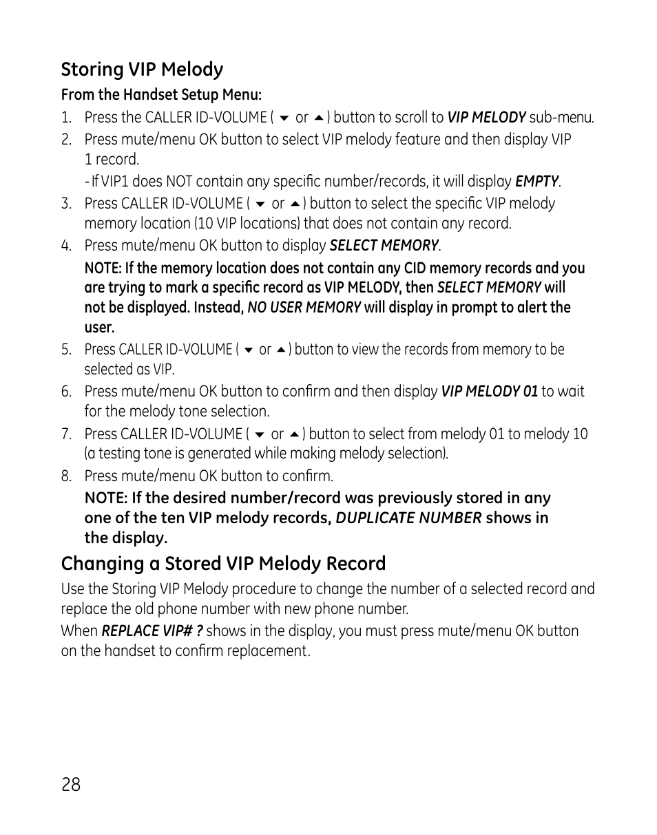 8 storing vip melody, Changing a stored vip melody record | GE DECT 28821 User Manual | Page 28 / 60