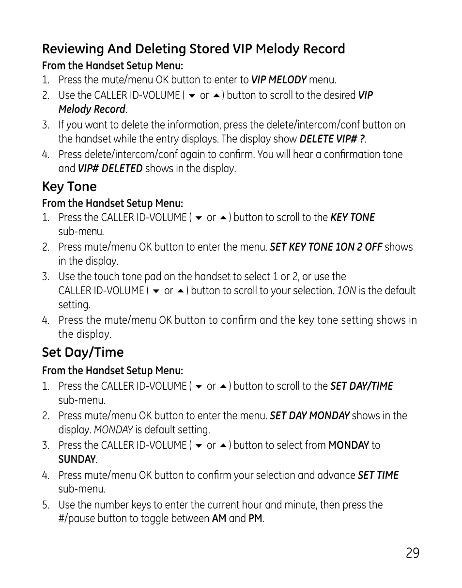 Reviewing and deleting stored vip melody record, Key tone, Set day/time | GE DECT 28821 User Manual | Page 29 / 60