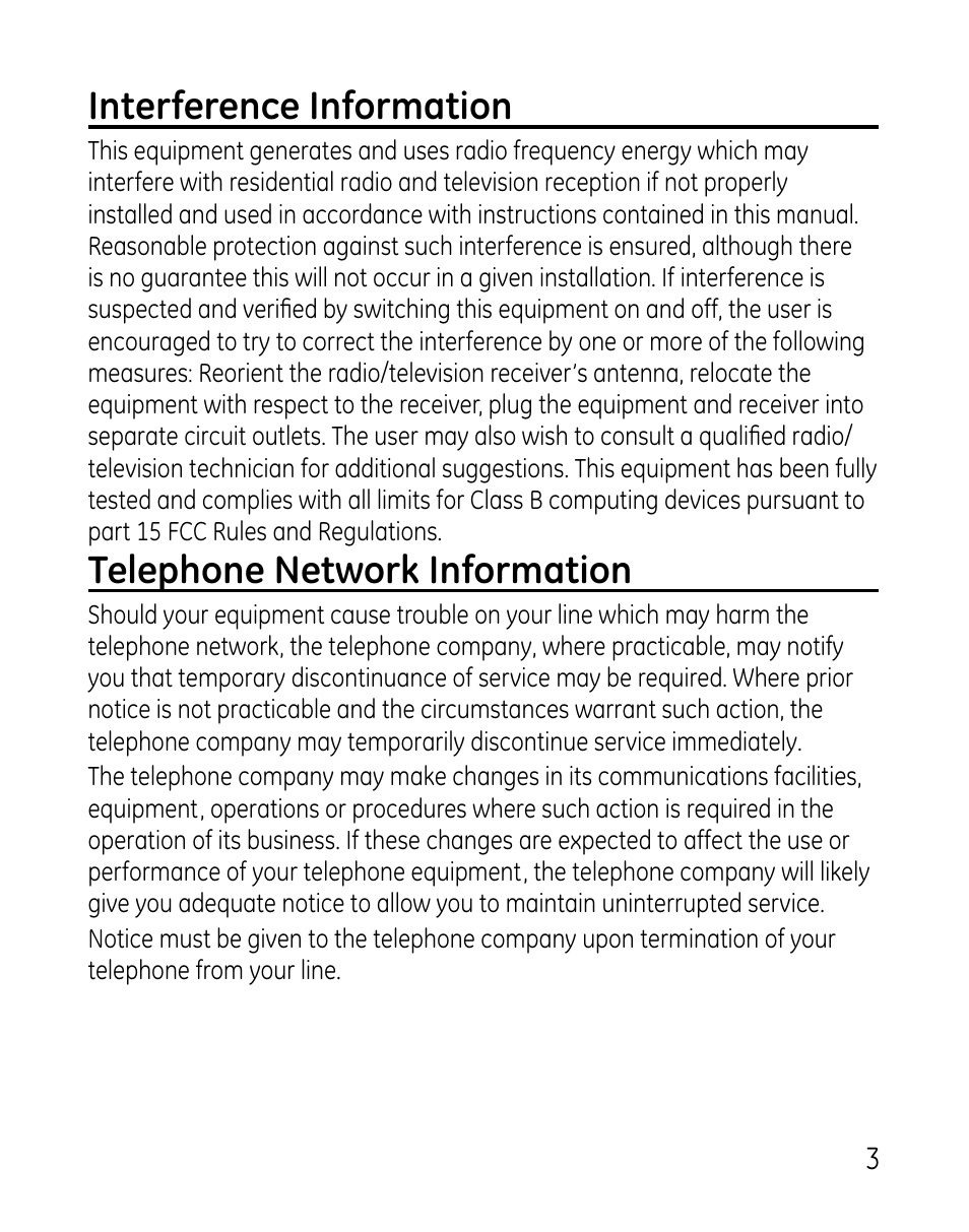 Interference information, Telephone network information | GE DECT 28821 User Manual | Page 3 / 60