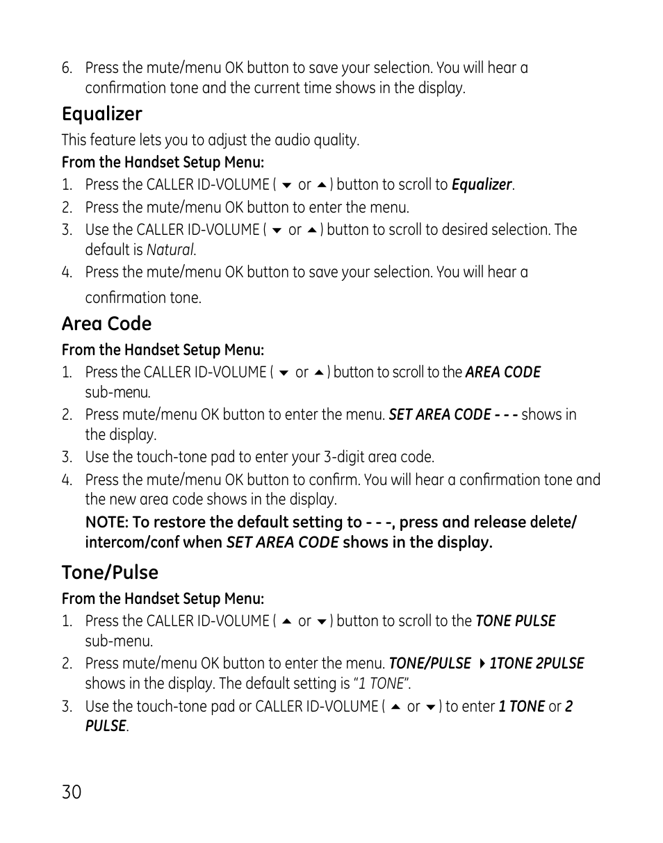 Equalizer, Area code, Tone/pulse | GE DECT 28821 User Manual | Page 30 / 60