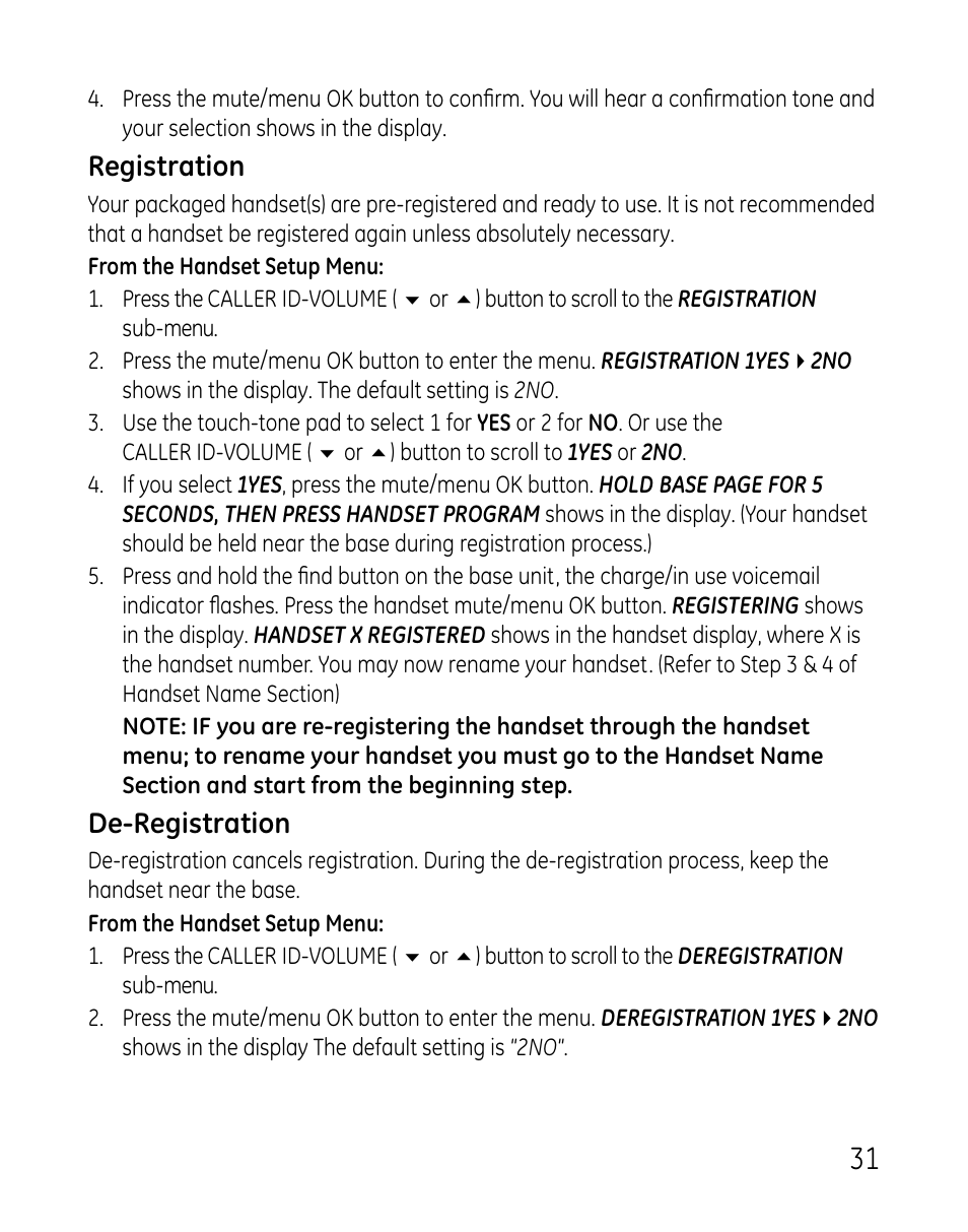 Registration, De-registration | GE DECT 28821 User Manual | Page 31 / 60