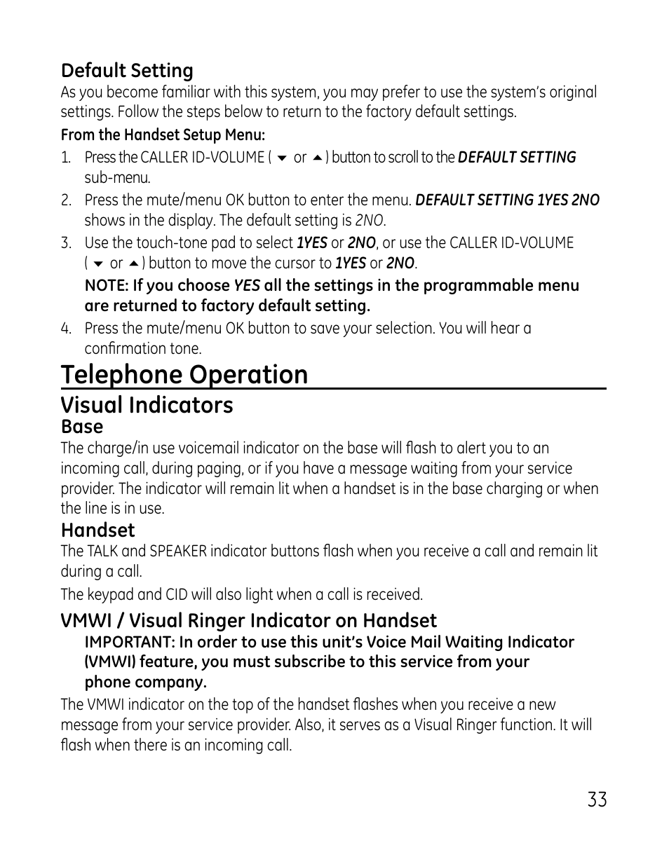Telephone operation, Visual indicators | GE DECT 28821 User Manual | Page 33 / 60