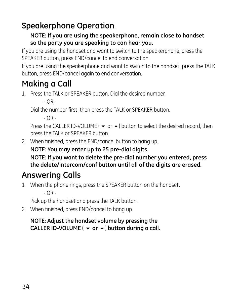 Speakerphone operation, Making a call, Answering calls | GE DECT 28821 User Manual | Page 34 / 60