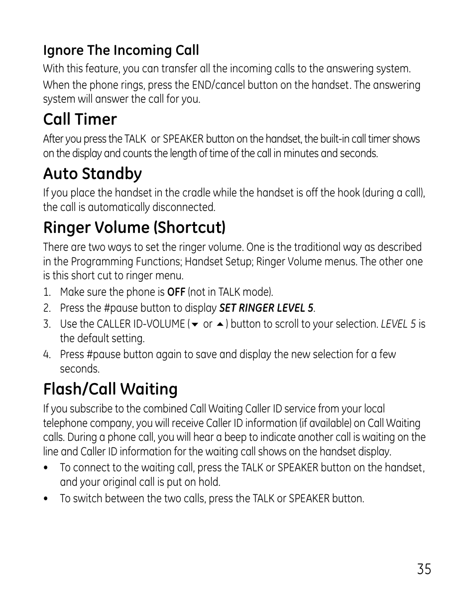 Call timer, Auto standby, Ringer volume (shortcut) | Flash/call waiting | GE DECT 28821 User Manual | Page 35 / 60
