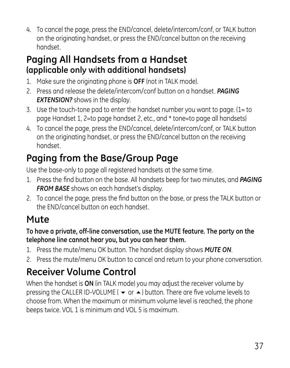 Paging all handsets from a handset, Paging from the base/group page, Mute | Receiver volume control | GE DECT 28821 User Manual | Page 37 / 60