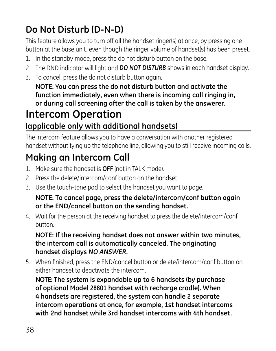 Intercom operation, Do not disturb (d-n-d), Making an intercom call | GE DECT 28821 User Manual | Page 38 / 60