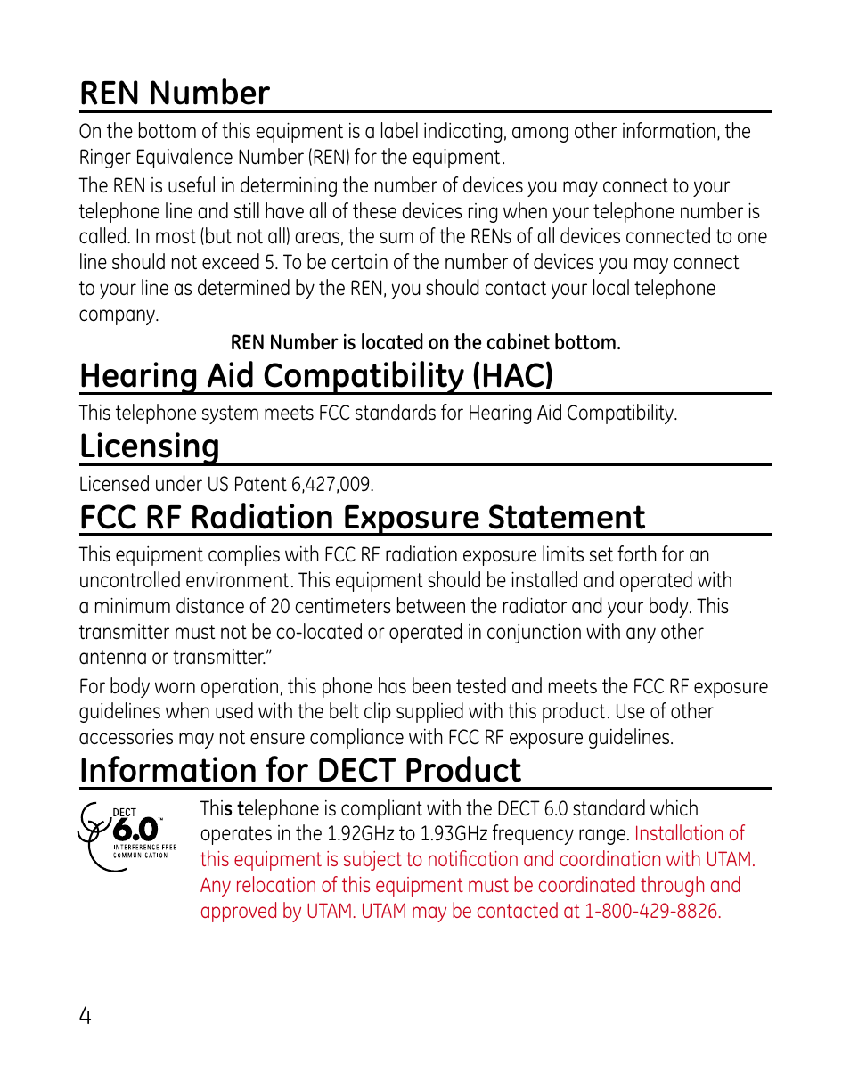 Ren number, Hearing aid compatibility (hac), Licensing | Fcc rf radiation exposure statement, Information for dect product | GE DECT 28821 User Manual | Page 4 / 60