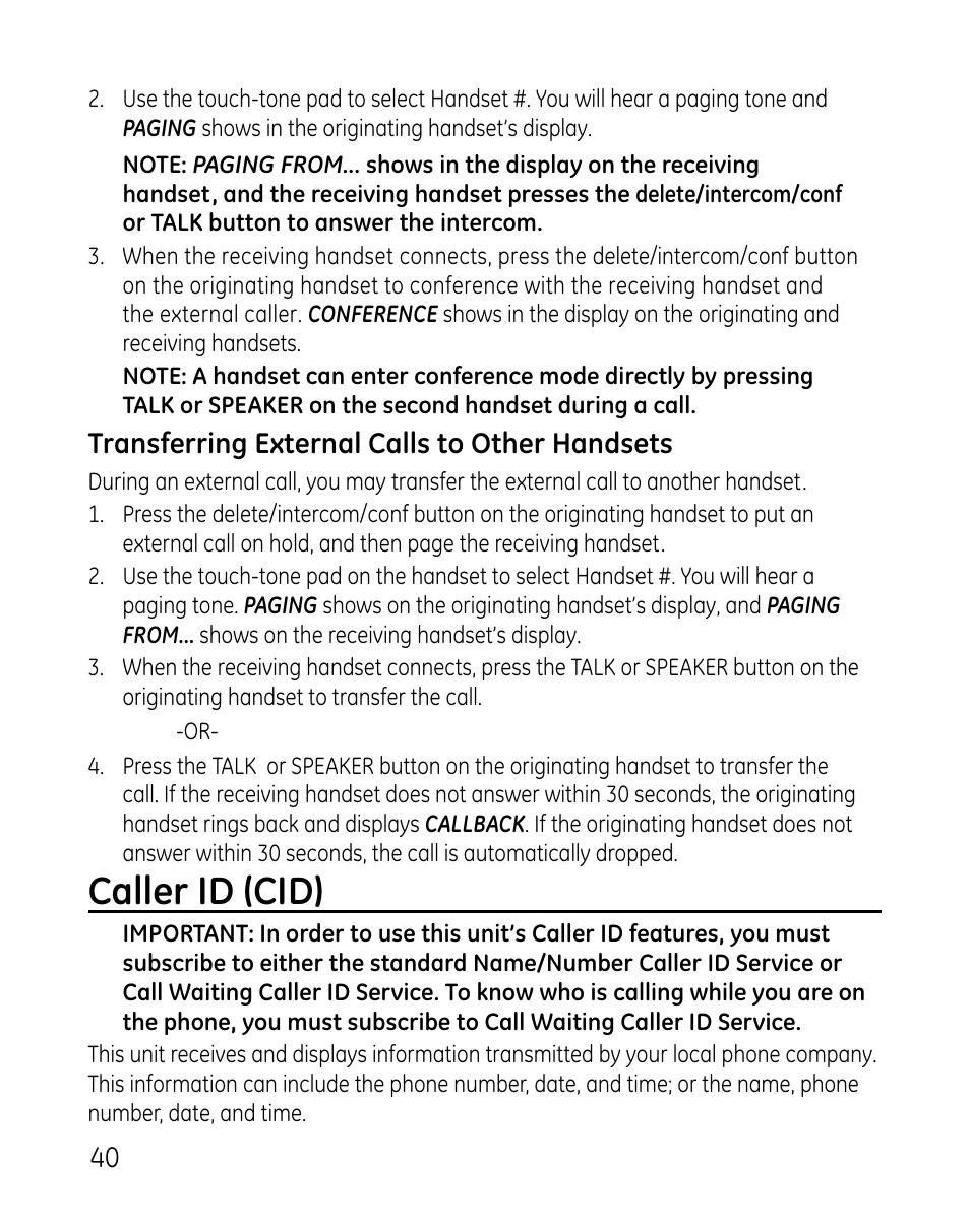 Caller id (cid) | GE DECT 28821 User Manual | Page 40 / 60