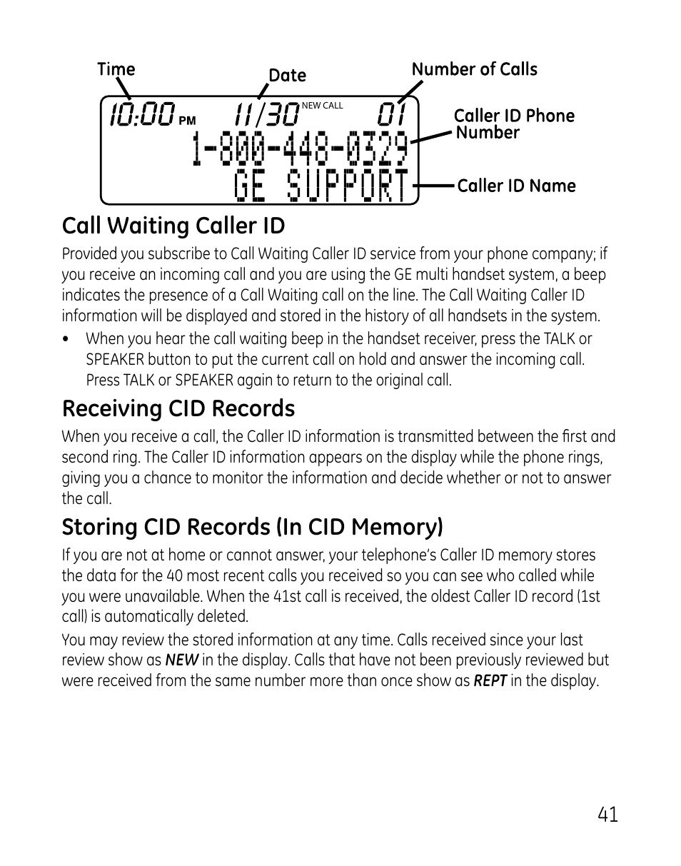 Call waiting caller id, Receiving cid records | GE DECT 28821 User Manual | Page 41 / 60