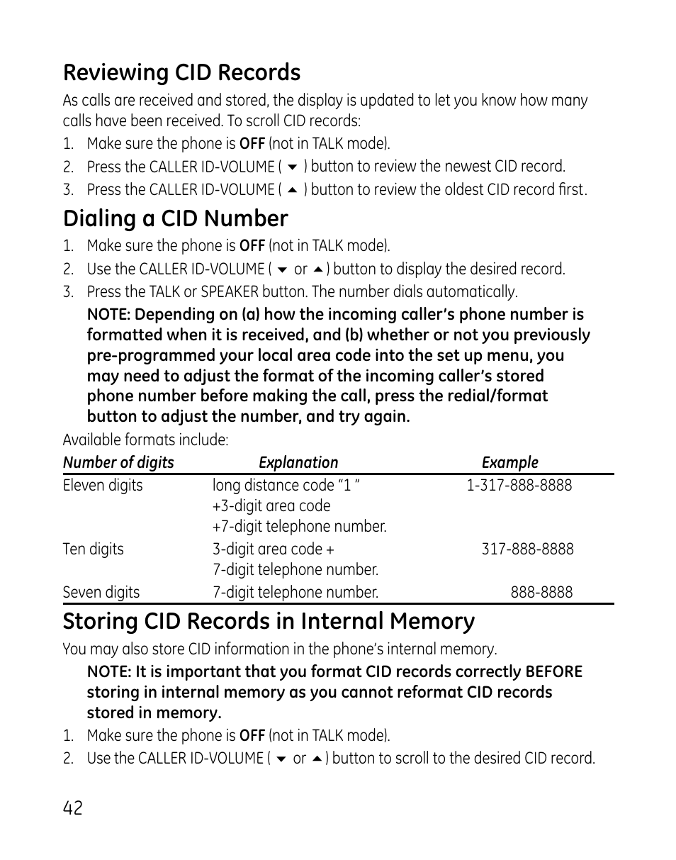 Reviewing cid records, Dialing a cid number | GE DECT 28821 User Manual | Page 42 / 60