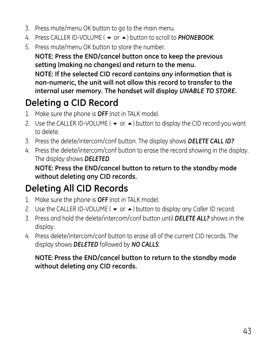 Deleting a cid record, Deleting all cid records | GE DECT 28821 User Manual | Page 43 / 60
