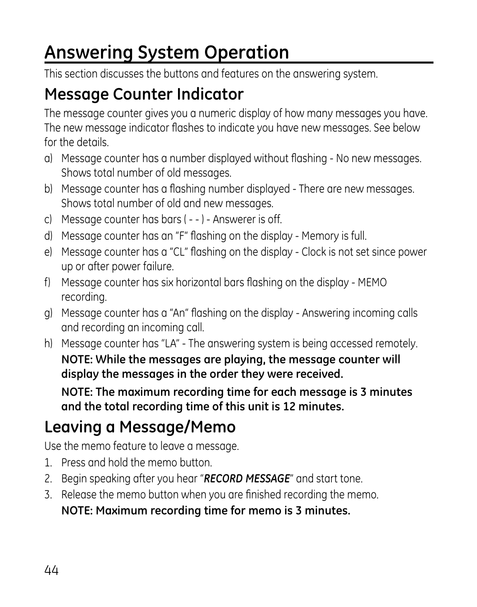 Answering system operation, Message counter indicator | GE DECT 28821 User Manual | Page 44 / 60