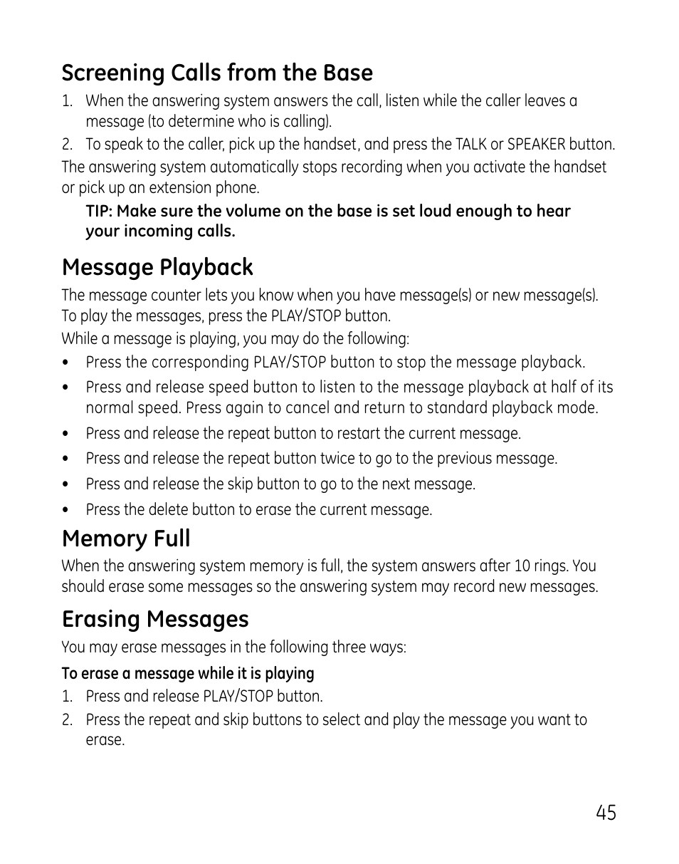 Screening calls from the base, Message playback, Erasing messages | GE DECT 28821 User Manual | Page 45 / 60