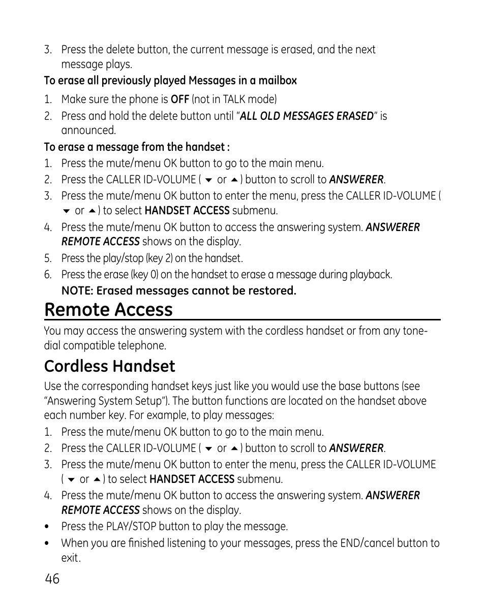 Remote access, Cordless handset | GE DECT 28821 User Manual | Page 46 / 60