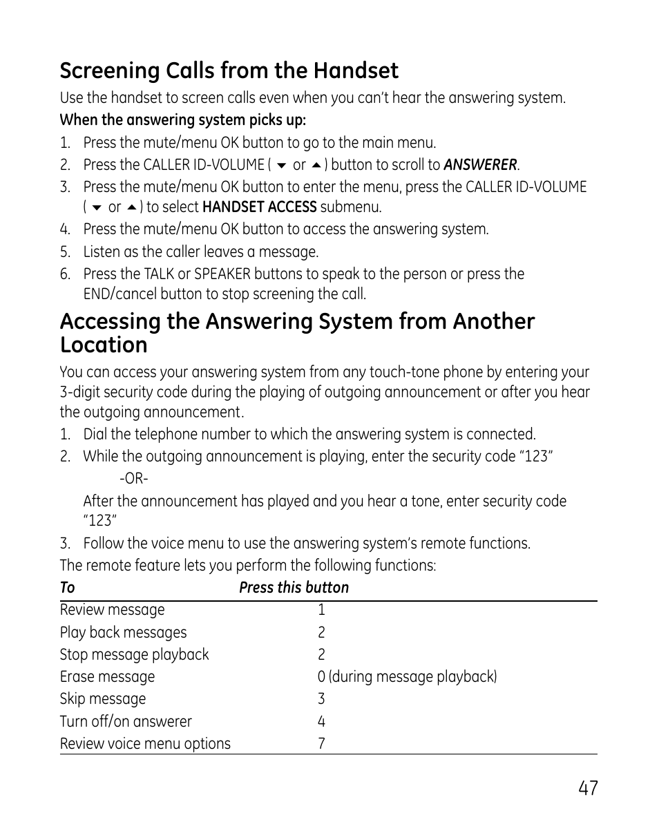 Screening calls from the handset | GE DECT 28821 User Manual | Page 47 / 60