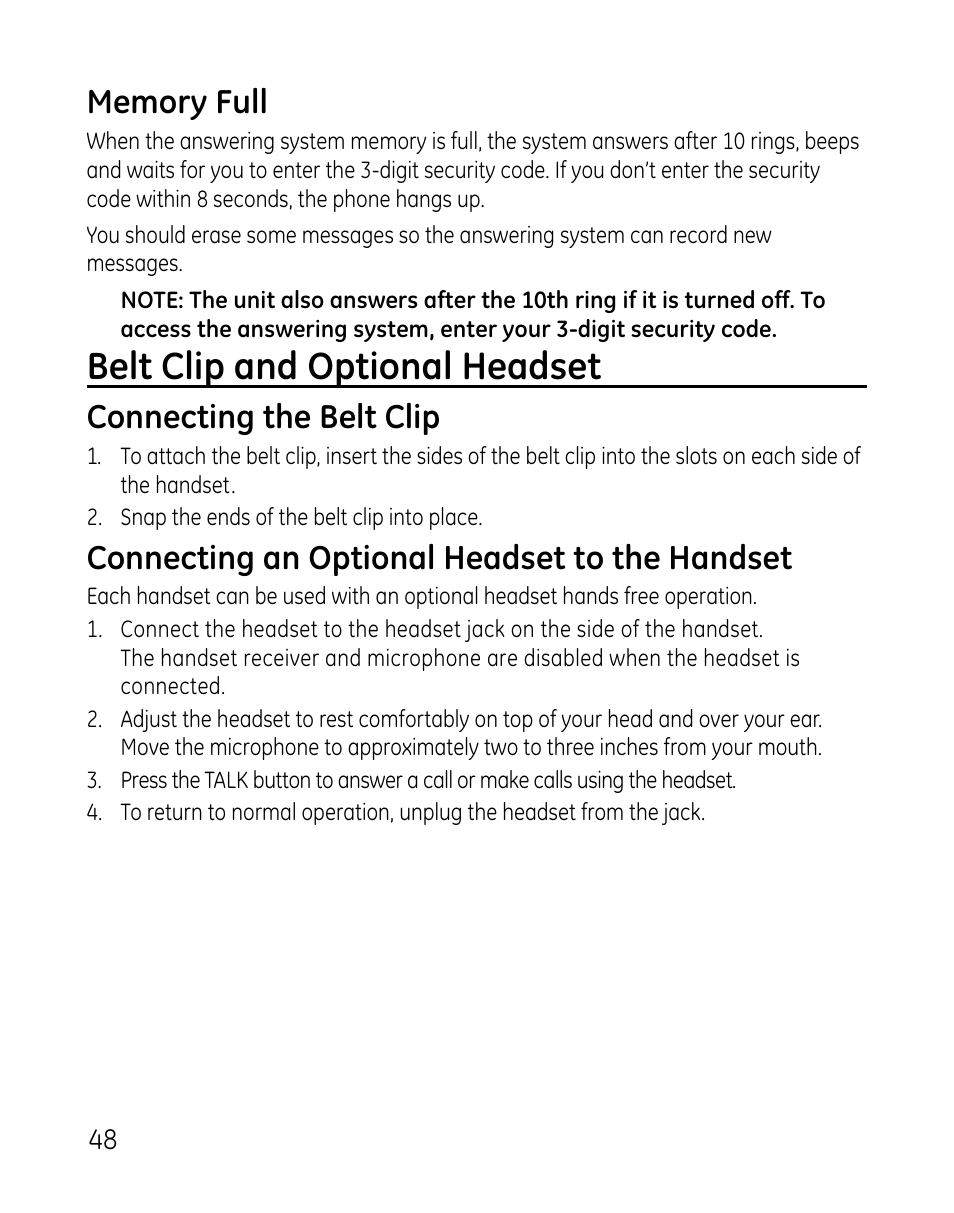 Belt clip and optional headset, Connecting the belt clip, Connecting an optional headset to the handset | GE DECT 28821 User Manual | Page 48 / 60