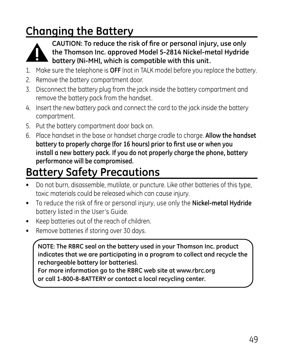 Changing the battery, Battery safety precautions | GE DECT 28821 User Manual | Page 49 / 60