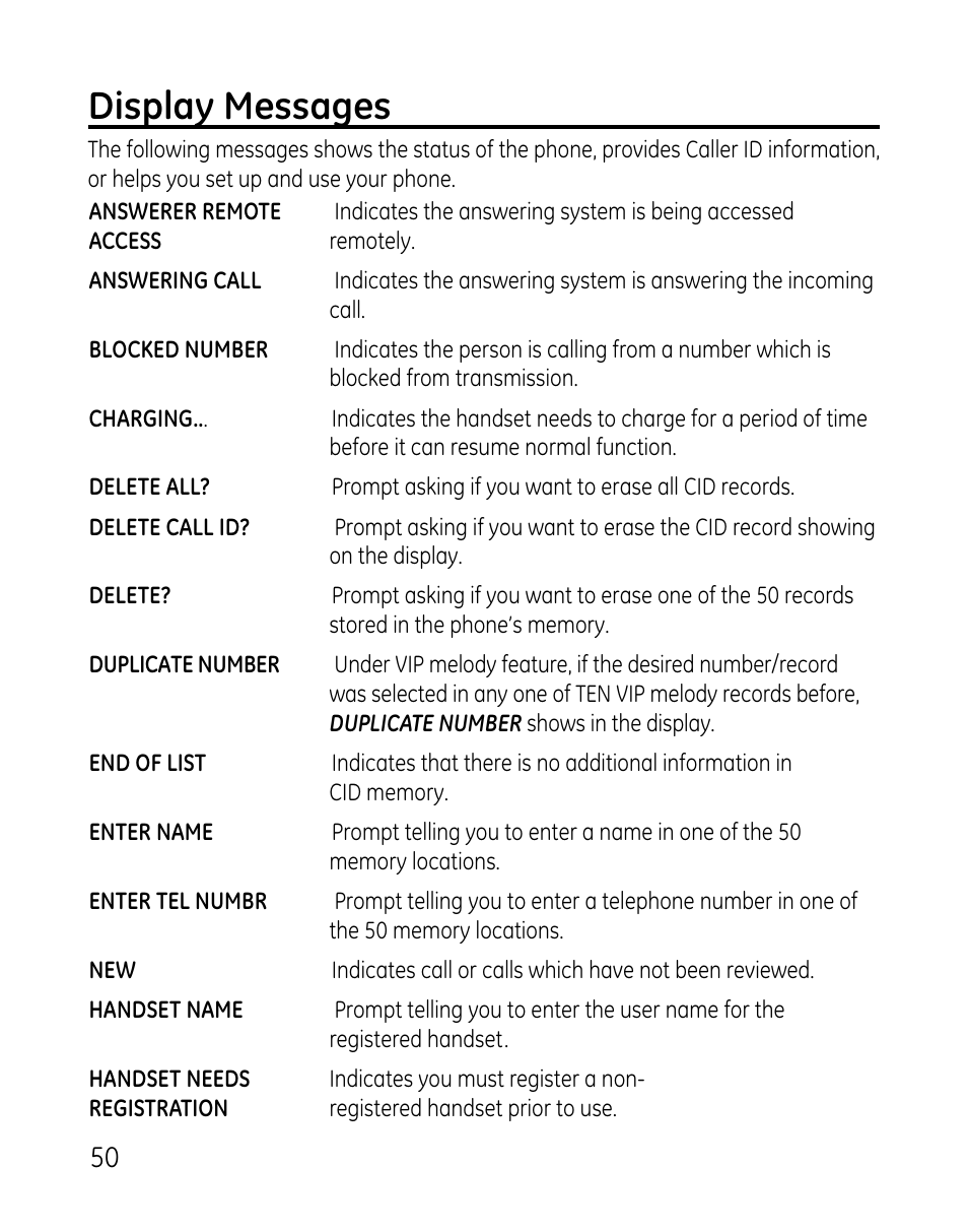 Display messages | GE DECT 28821 User Manual | Page 50 / 60
