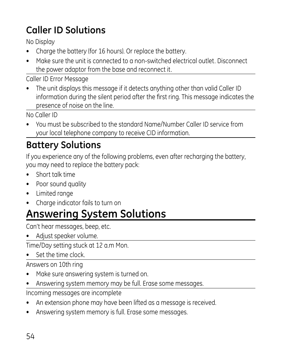 Answering system solutions, Caller id solutions, Battery solutions | GE DECT 28821 User Manual | Page 54 / 60