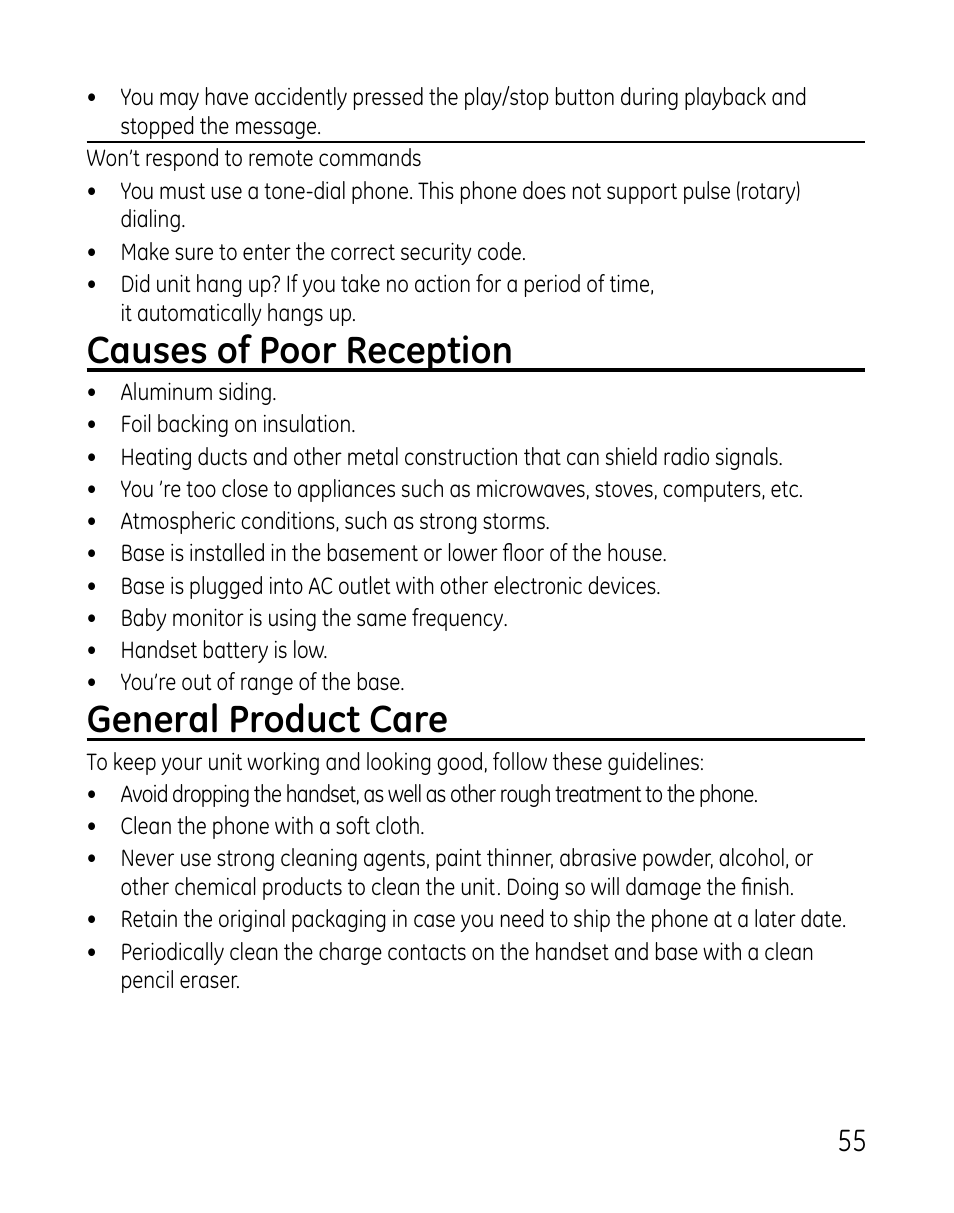 Causes of poor reception, General product care | GE DECT 28821 User Manual | Page 55 / 60