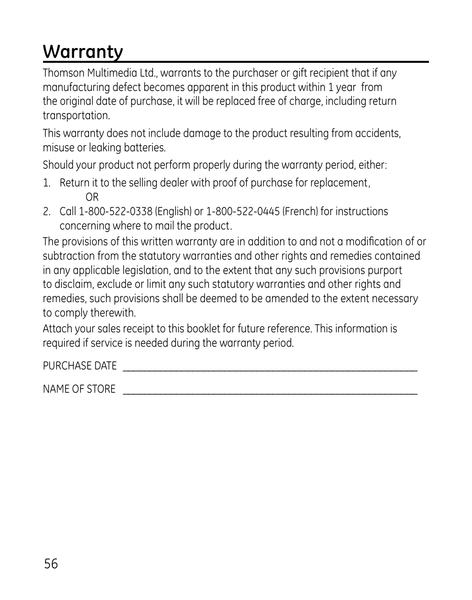 Warranty | GE DECT 28821 User Manual | Page 56 / 60