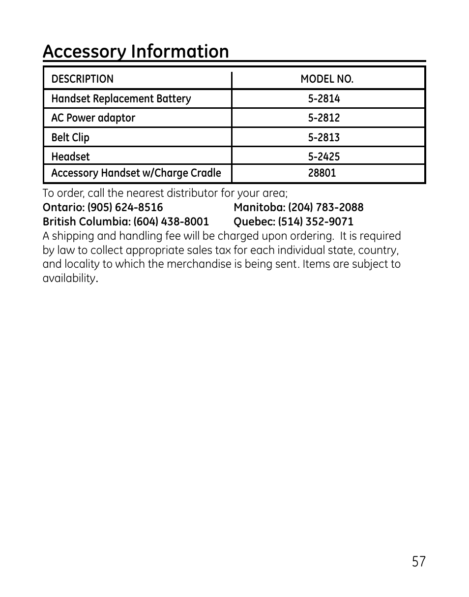 Accessory information | GE DECT 28821 User Manual | Page 57 / 60