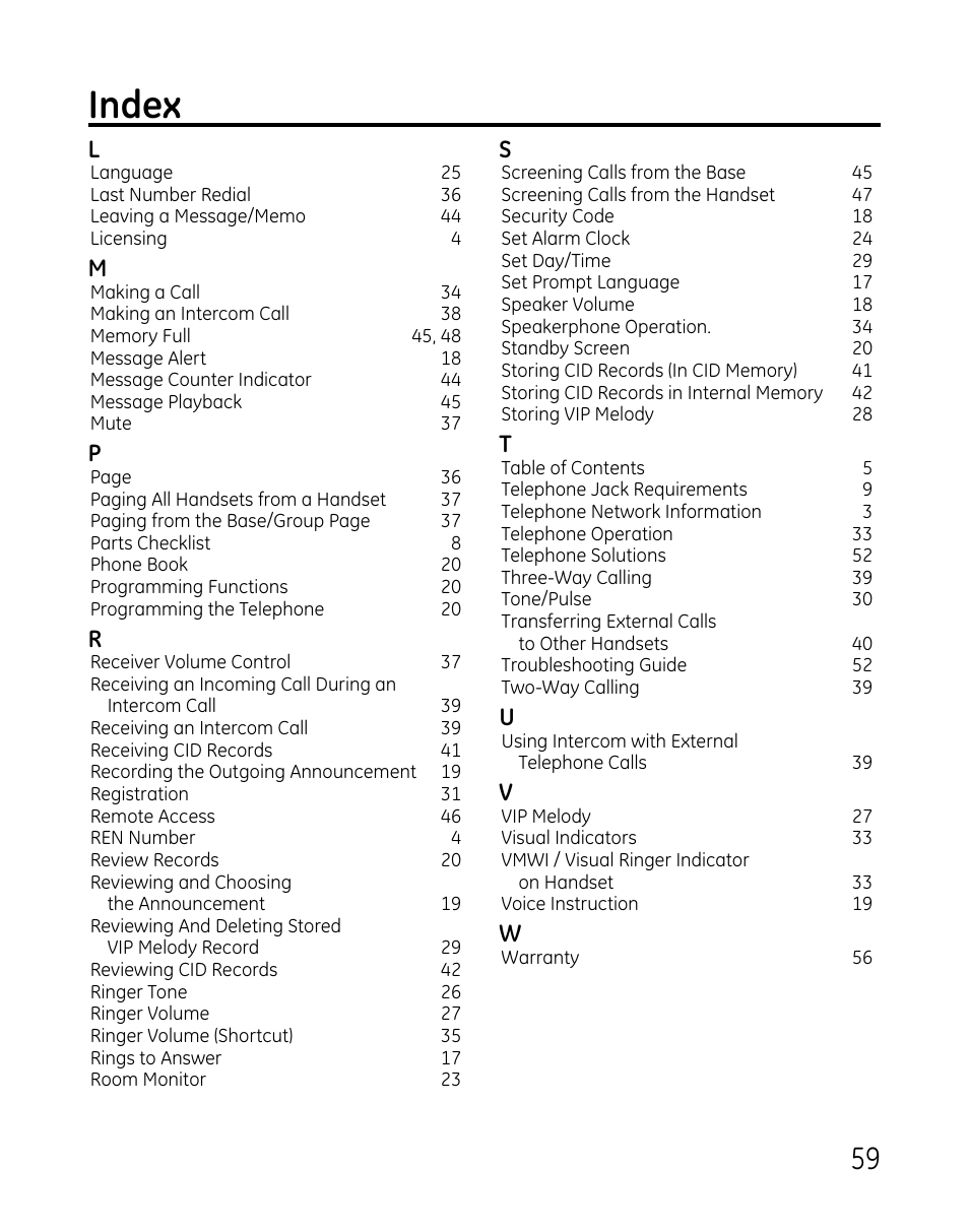Index | GE DECT 28821 User Manual | Page 59 / 60