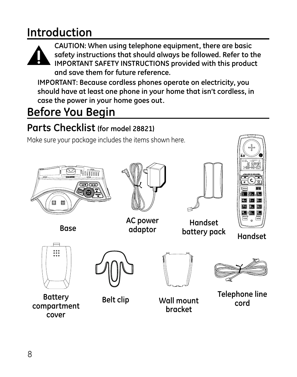 Introduction, Before you begin, Parts checklist | GE DECT 28821 User Manual | Page 8 / 60